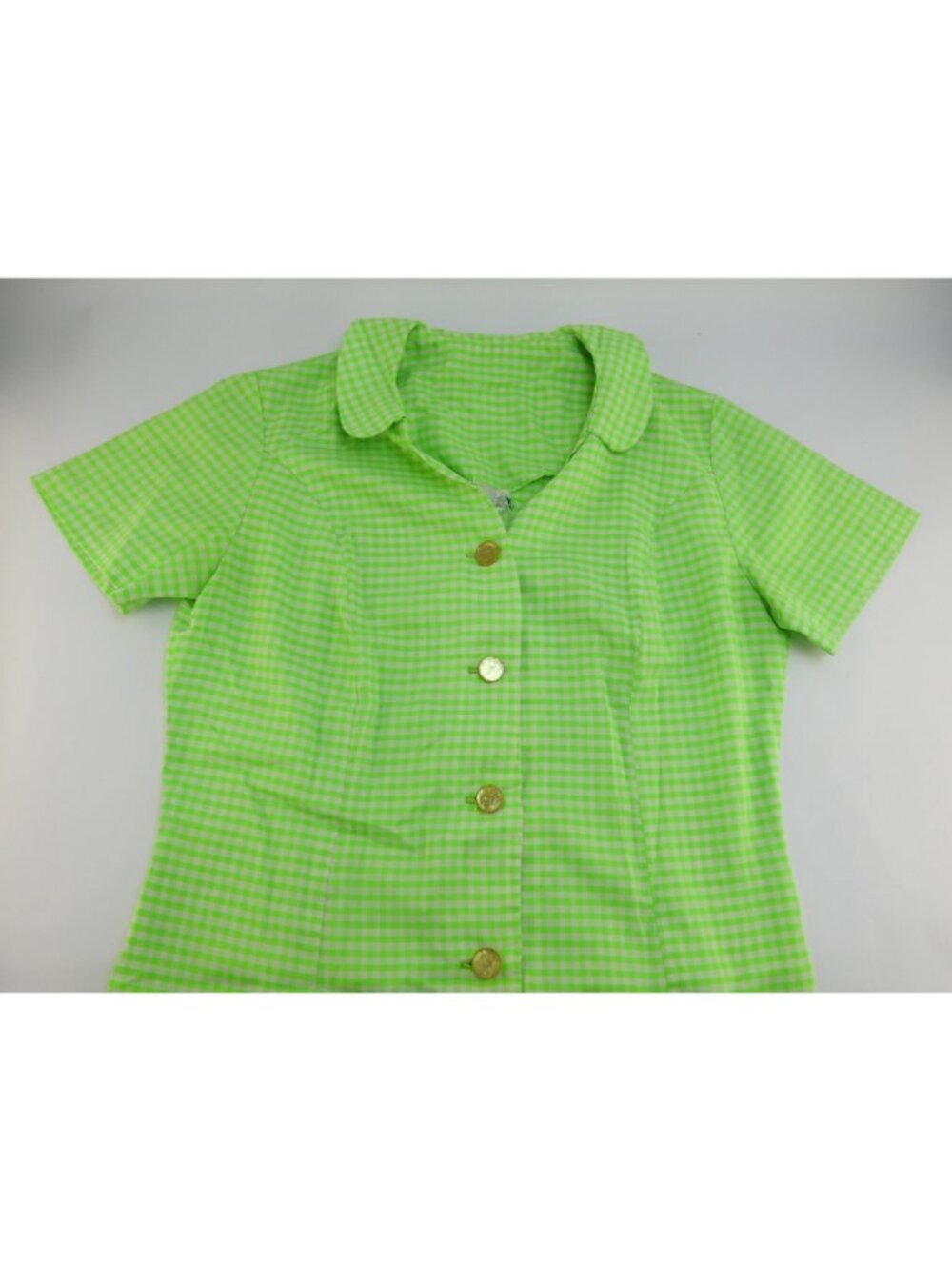 VTG 1960s Miss Smith Lime Grn Gingham Shirt Dress Mod Cottagecore Pockets Sz M - Picture 7 of 12